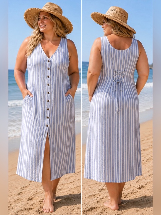 Old Navy Dresses & Skirts - Coastal boho Sleeveless Linen-Blend Button-Front Midi Shift Dress